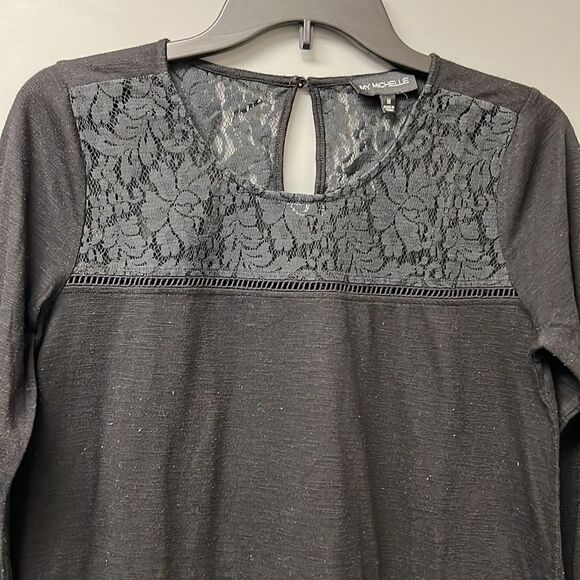 My Michelle Womens Long Sleeves Top Size M Lace Front and Back Top Black - Picture 2 of 10